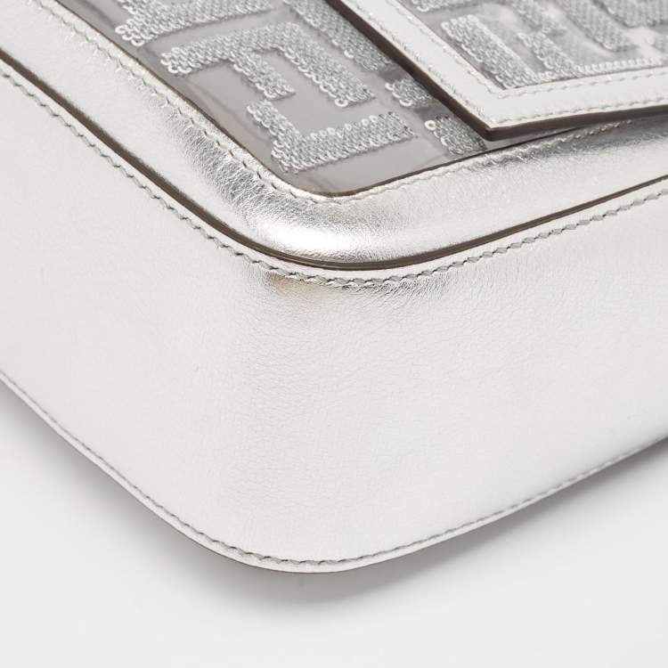 Pre Owned Fendi Silver Zucca Leather, PVC and Sequins Baguette Bag