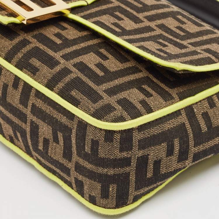 Pre Owned Fendi Tobacco/Neon Green Zucca Jacquard Canvas Medium Baguette Bag