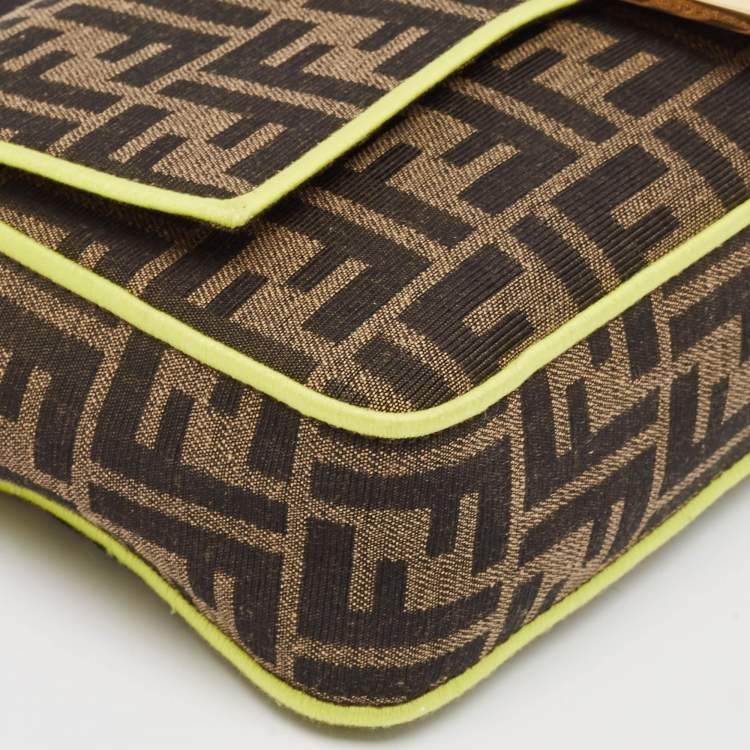 Pre Owned Fendi Tobacco/Neon Green Zucca Jacquard Canvas Medium Baguette Bag