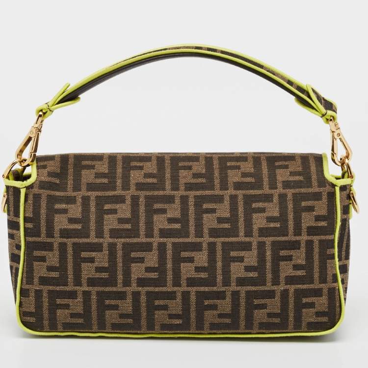 Pre Owned Fendi Tobacco/Neon Green Zucca Jacquard Canvas Medium Baguette Bag