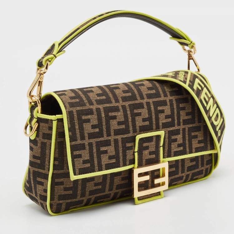 Pre Owned Fendi Tobacco/Neon Green Zucca Jacquard Canvas Medium Baguette Bag