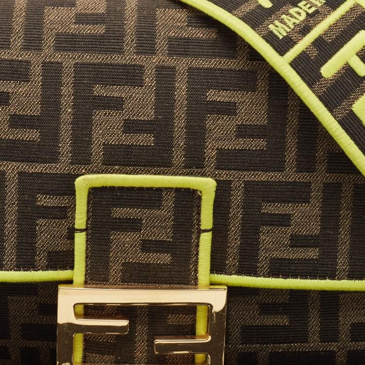 Pre Owned Fendi Tobacco/Neon Green Zucca Jacquard Canvas Medium Baguette Bag