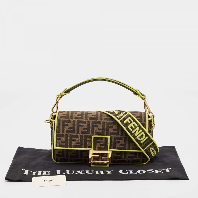 Pre Owned Fendi Tobacco/Neon Green Zucca Jacquard Canvas Medium Baguette Bag