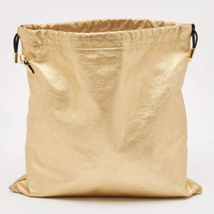 Pre Owned Fendi Gold Leather Logo Drawstring Shoulder Bag