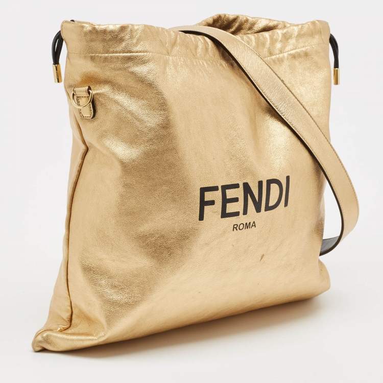Pre Owned Fendi Gold Leather Logo Drawstring Shoulder Bag
