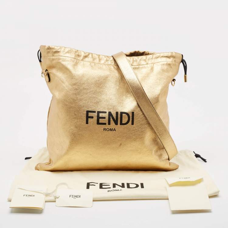 Pre Owned Fendi Gold Leather Logo Drawstring Shoulder Bag