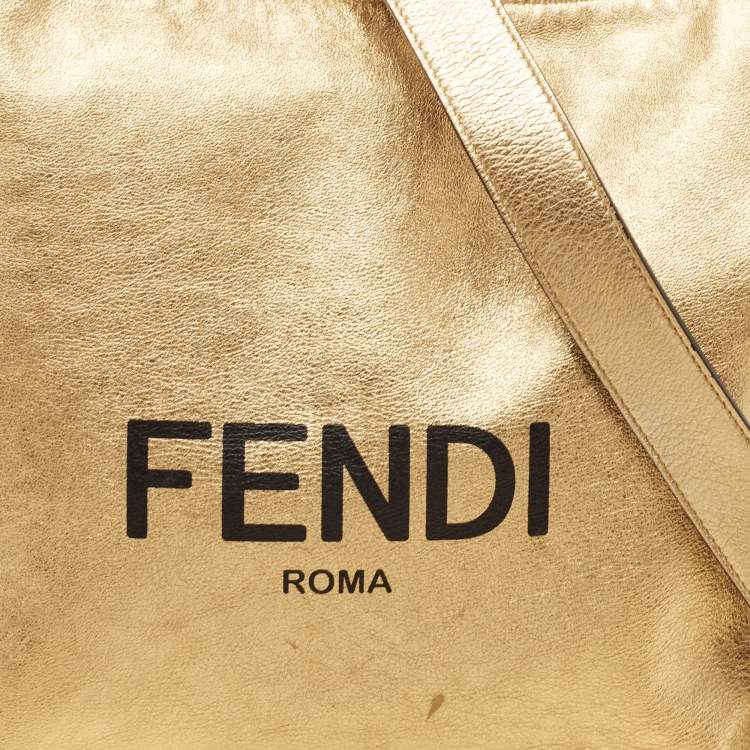 Pre Owned Fendi Gold Leather Logo Drawstring Shoulder Bag