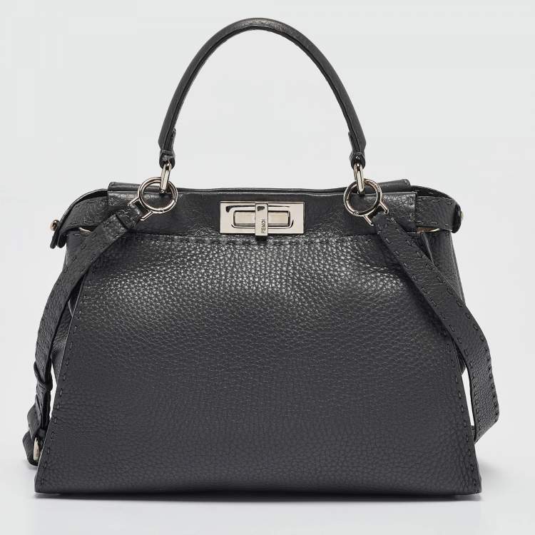 Pre Owned Fendi Dark Grey Leather Medium Peekaboo Top Handle Bag