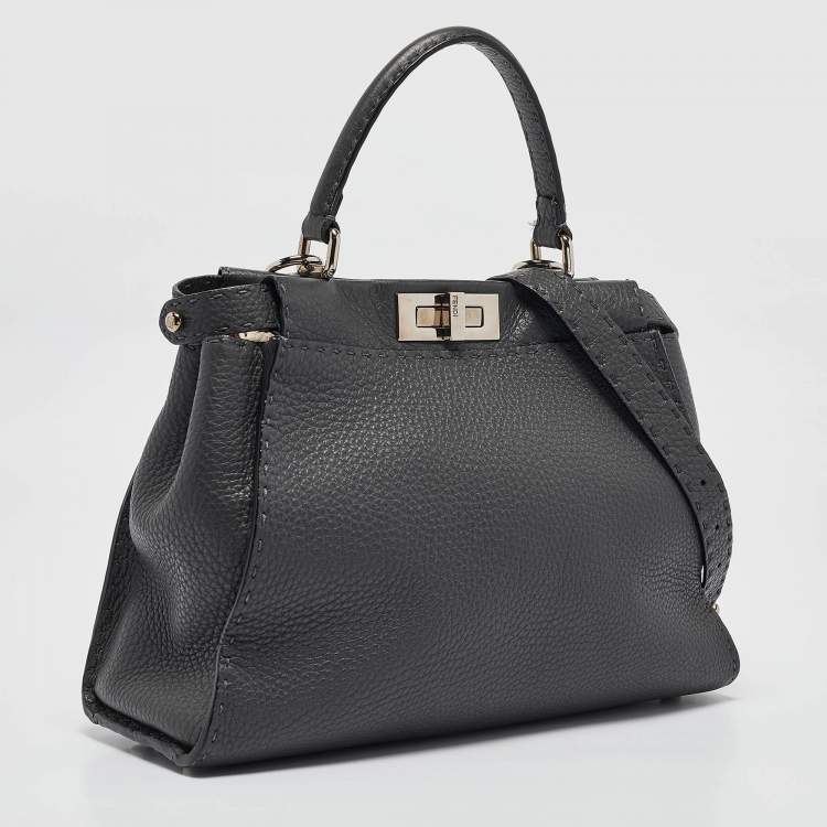 Pre Owned Fendi Dark Grey Leather Medium Peekaboo Top Handle Bag