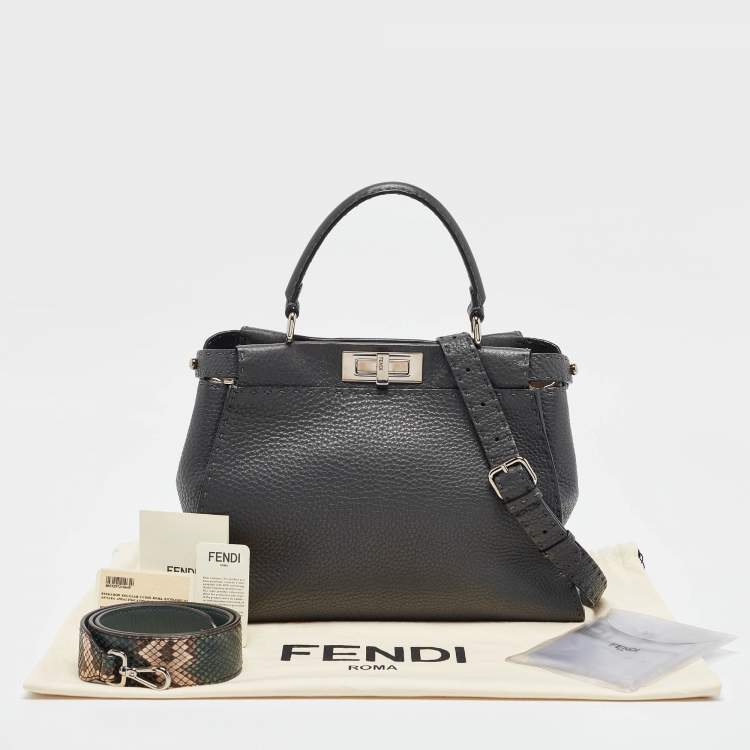 Pre Owned Fendi Dark Grey Leather Medium Peekaboo Top Handle Bag