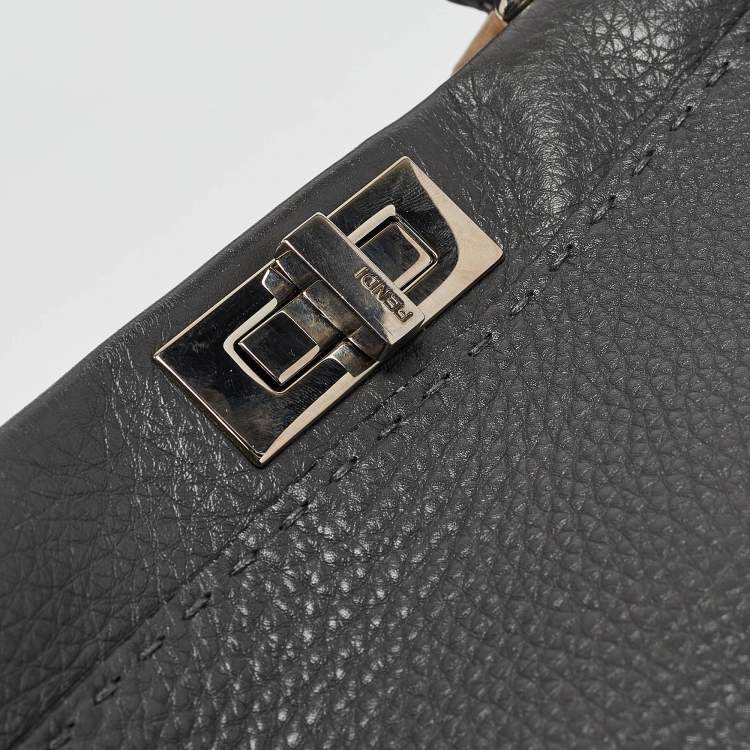 Pre Owned Fendi Dark Grey Leather Medium Peekaboo Top Handle Bag