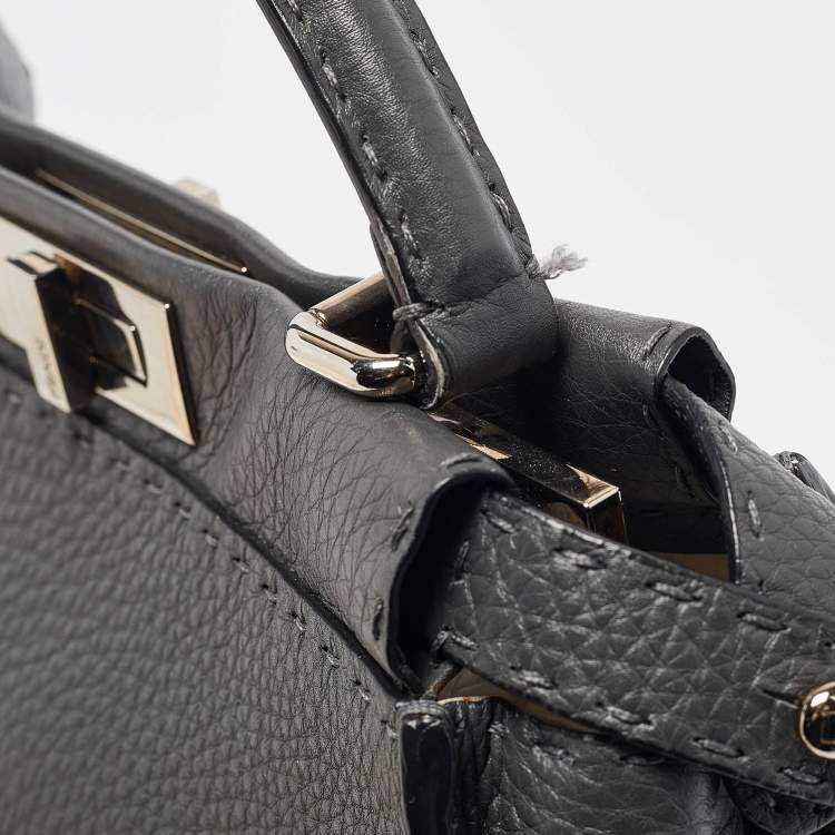 Pre Owned Fendi Dark Grey Leather Medium Peekaboo Top Handle Bag