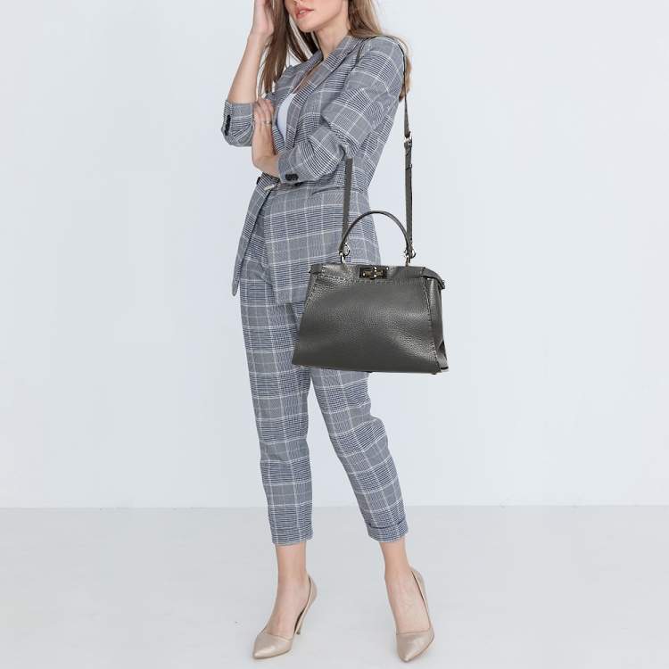 Pre Owned Fendi Dark Grey Leather Medium Peekaboo Top Handle Bag