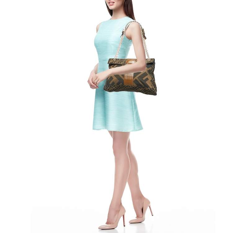Pre Owned Fendi Tobacco Zucca Canvas and Leather Maxi Baguette Flap Shoulder Bag