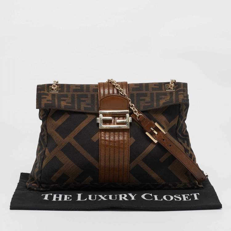 Pre Owned Fendi Tobacco Zucca Canvas and Leather Maxi Baguette Flap Shoulder Bag