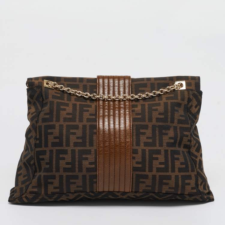 Pre Owned Fendi Tobacco Zucca Canvas and Leather Maxi Baguette Flap Shoulder Bag