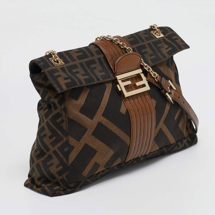 Pre Owned Fendi Tobacco Zucca Canvas and Leather Maxi Baguette Flap Shoulder Bag