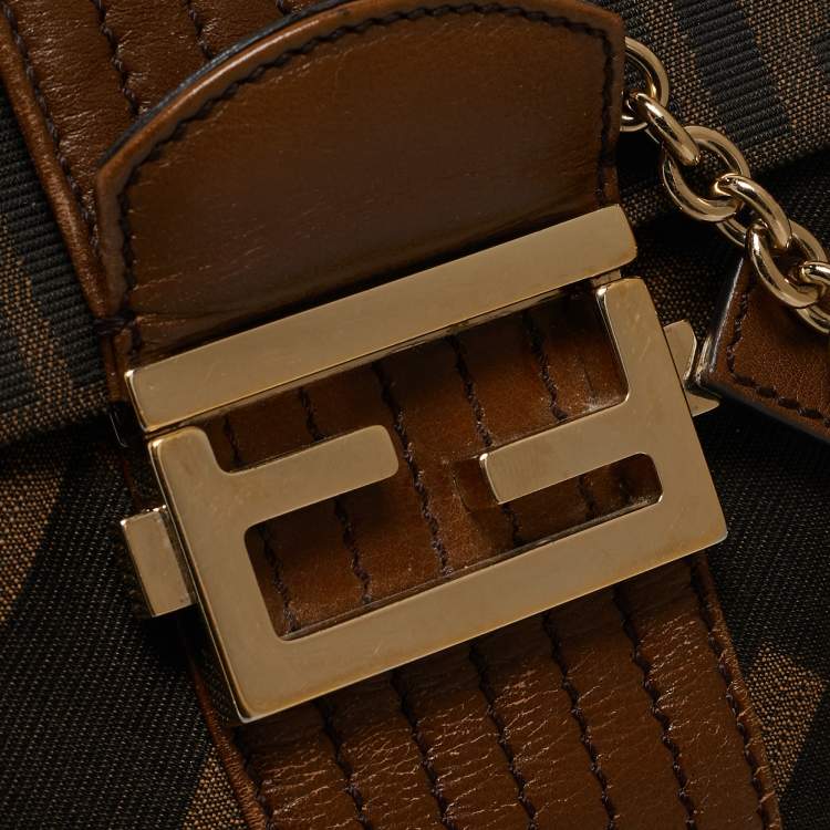 Pre Owned Fendi Tobacco Zucca Canvas and Leather Maxi Baguette Flap Shoulder Bag
