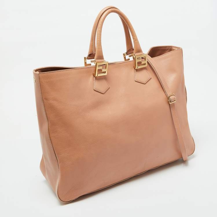 Pre Owned Fendi Peach Leather Twins Shopper Tote