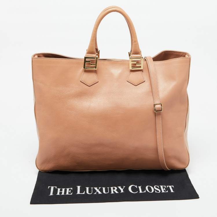 Pre Owned Fendi Peach Leather Twins Shopper Tote
