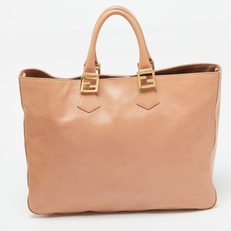 Pre Owned Fendi Peach Leather Twins Shopper Tote
