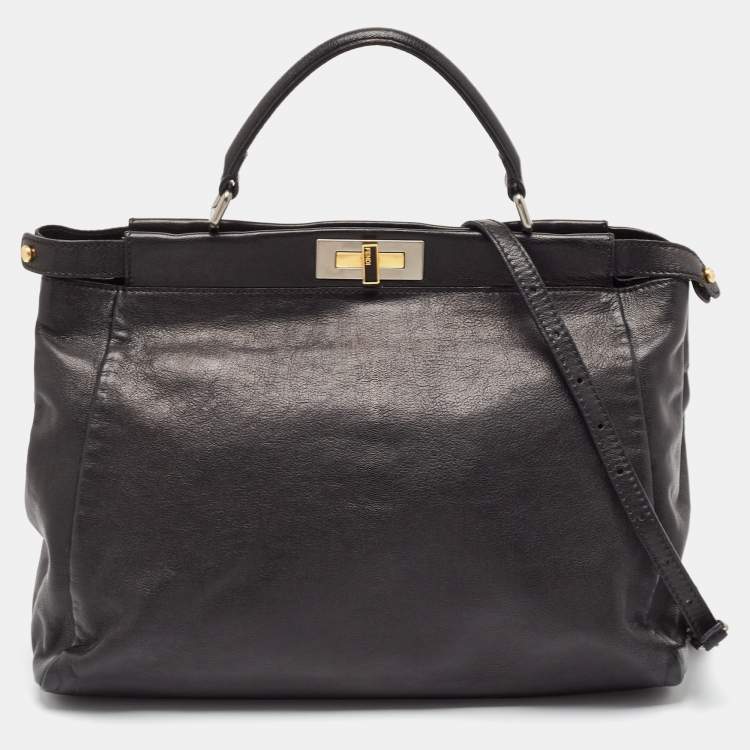 Pre Owned Fendi Black Leather Large Peekaboo Top Handle Bag