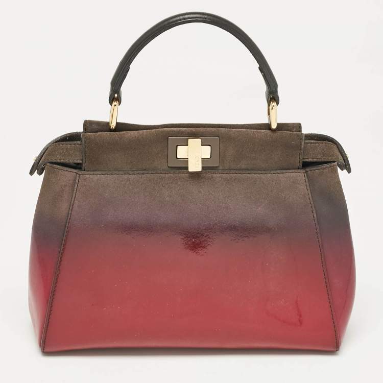 Pre Owned Fendi Ombre Grey/Pink Patent Leather and Suede Mini Peekaboo Top Handle Bag