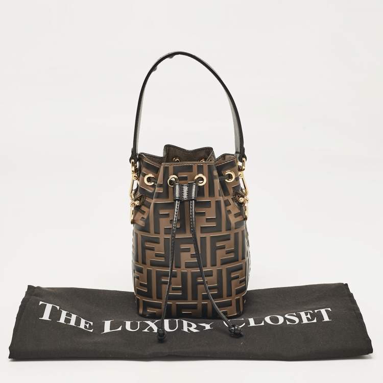 Pre Owned Fendi Brown/Black Zucca Leather Mini Mon Tresor Drawstring Bucket Bag