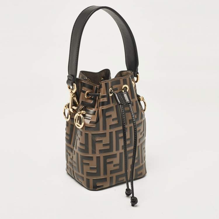 Pre Owned Fendi Brown/Black Zucca Leather Mini Mon Tresor Drawstring Bucket Bag