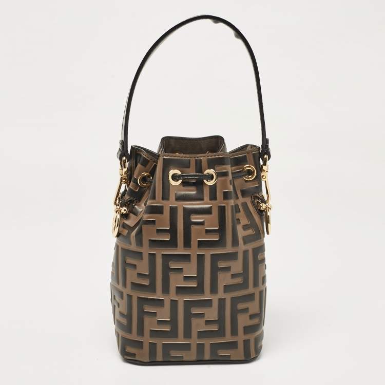 Pre Owned Fendi Brown/Black Zucca Leather Mini Mon Tresor Drawstring Bucket Bag