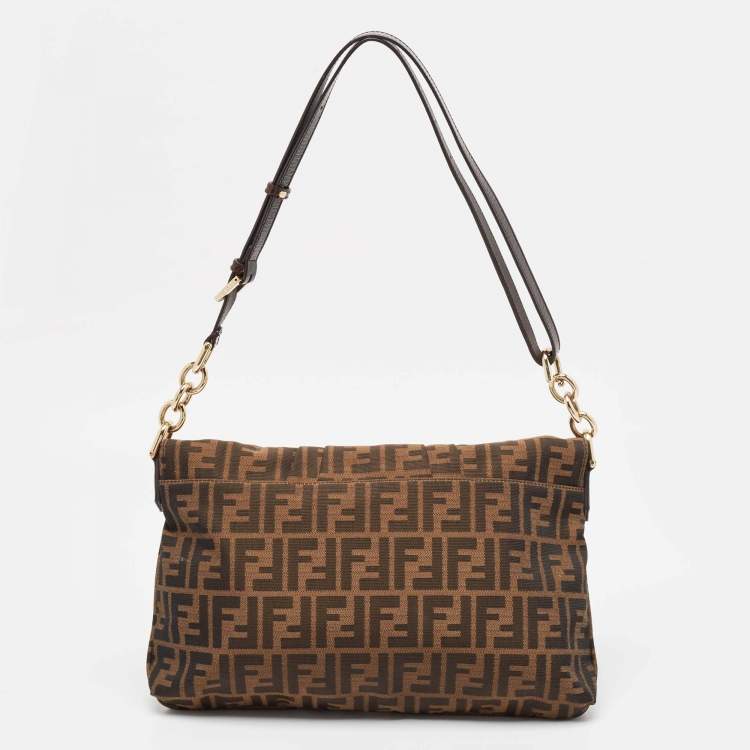 Pre Owned Fendi Tobacco Zucca Canvas and Patent Leather Mia Flap Shoulder Bag