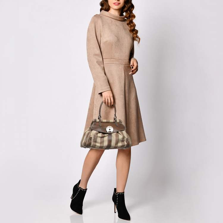 Pre Owned Fendi Brown/Beige Stripe Canvas and Leather Magic Top Handle Bag