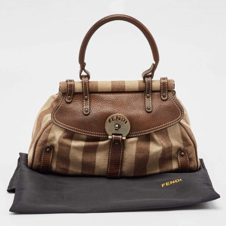 Pre Owned Fendi Brown/Beige Stripe Canvas and Leather Magic Top Handle Bag