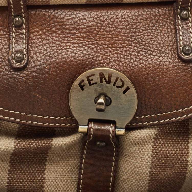 Pre Owned Fendi Brown/Beige Stripe Canvas and Leather Magic Top Handle Bag