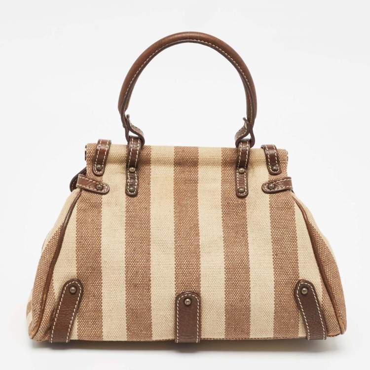 Pre Owned Fendi Brown/Beige Stripe Canvas and Leather Magic Top Handle Bag