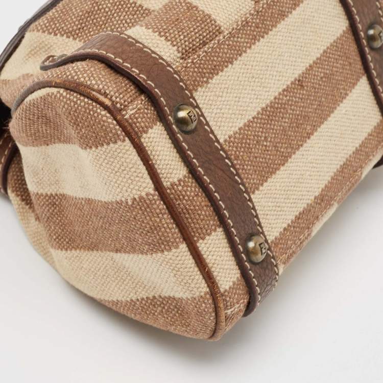 Pre Owned Fendi Brown/Beige Stripe Canvas and Leather Magic Top Handle Bag