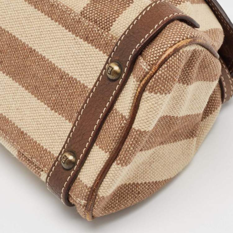 Pre Owned Fendi Brown/Beige Stripe Canvas and Leather Magic Top Handle Bag