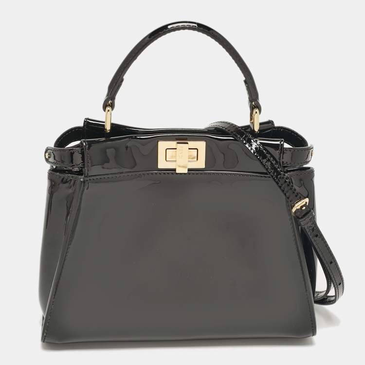 Pre Owned Fendi Black Patent Leather Mini Peekaboo Defender Top Handle Bag