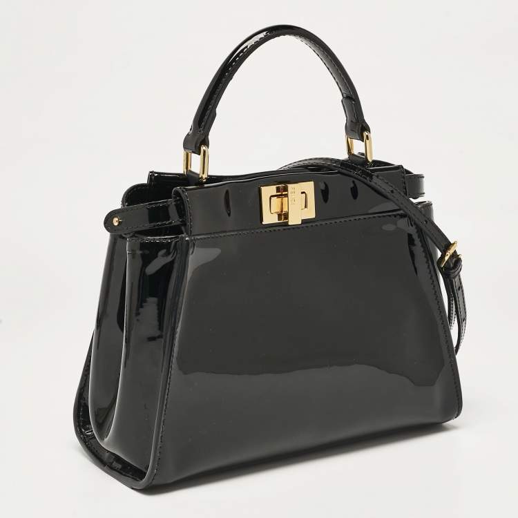 Pre Owned Fendi Black Patent Leather Mini Peekaboo Defender Top Handle Bag