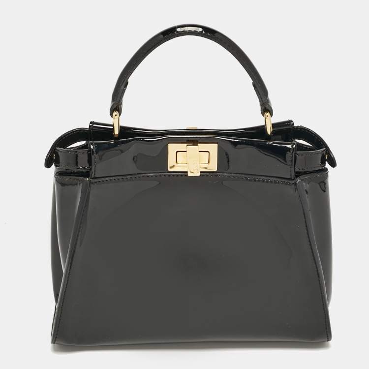 Pre Owned Fendi Black Patent Leather Mini Peekaboo Defender Top Handle Bag
