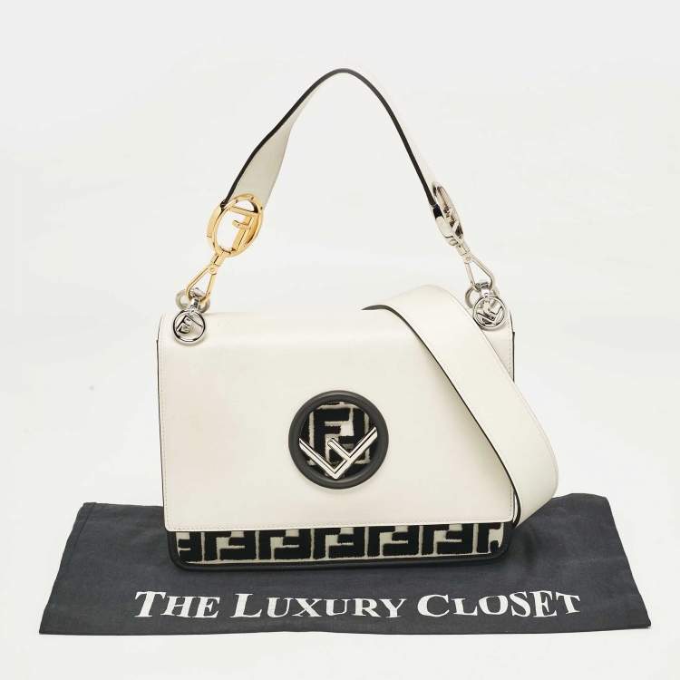 Pre Owned Fendi White/Black Zucca Velvet and Leather Kan I F Logo Top Handle Bag