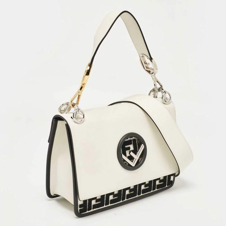 Pre Owned Fendi White/Black Zucca Velvet and Leather Kan I F Logo Top Handle Bag