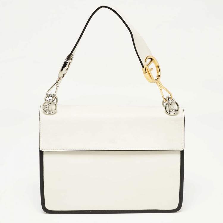Pre Owned Fendi White/Black Zucca Velvet and Leather Kan I F Logo Top Handle Bag