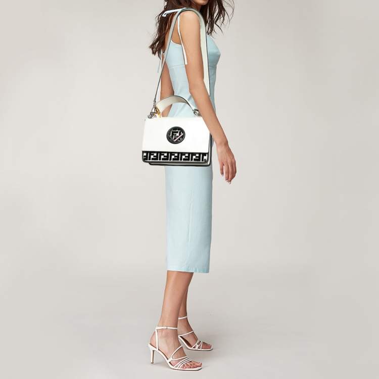 Pre Owned Fendi White/Black Zucca Velvet and Leather Kan I F Logo Top Handle Bag