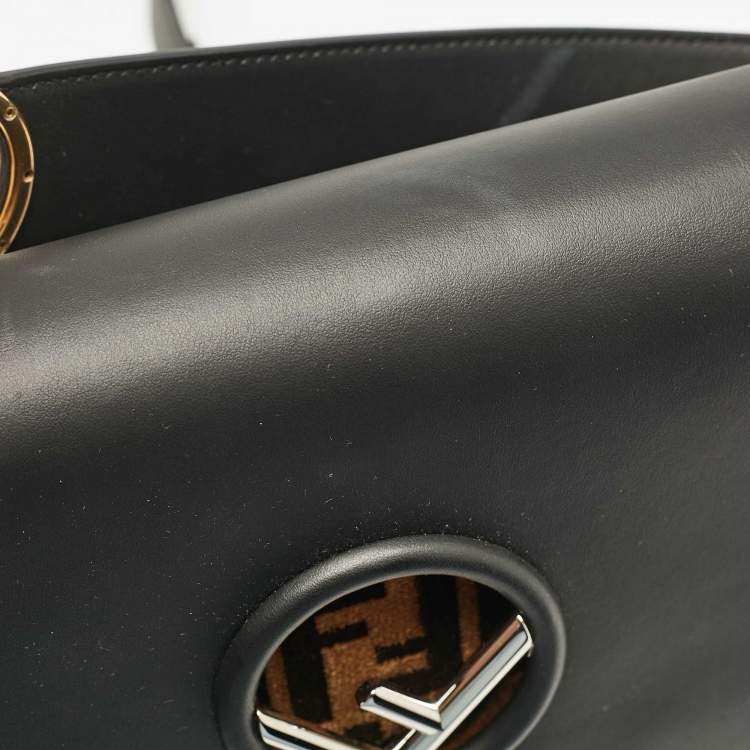 Pre Owned Fendi Black/Brown Zucca Leather and Velvet Kan I F Logo Top Handle Bag