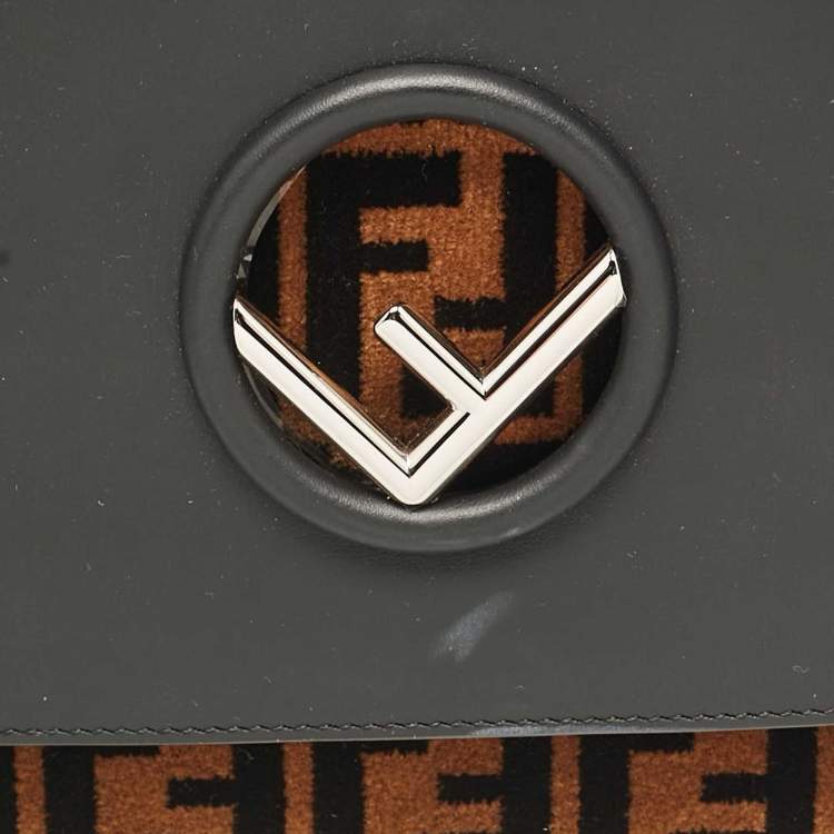 Pre Owned Fendi Black/Brown Zucca Leather and Velvet Kan I F Logo Top Handle Bag