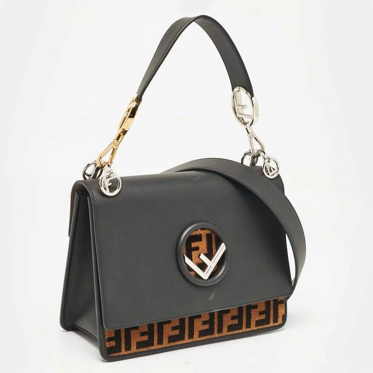 Pre Owned Fendi Black/Brown Zucca Leather and Velvet Kan I F Logo Top Handle Bag