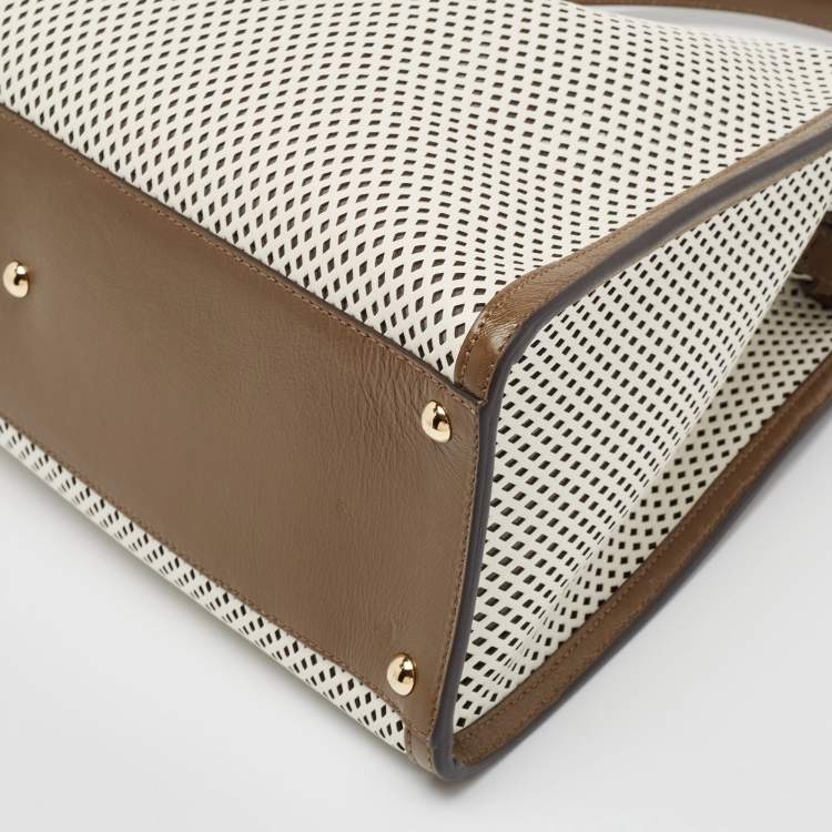 Pre Owned Fendi Khaki/White Perforated Leather Large X Lite Peekaboo Top Handle Bag
