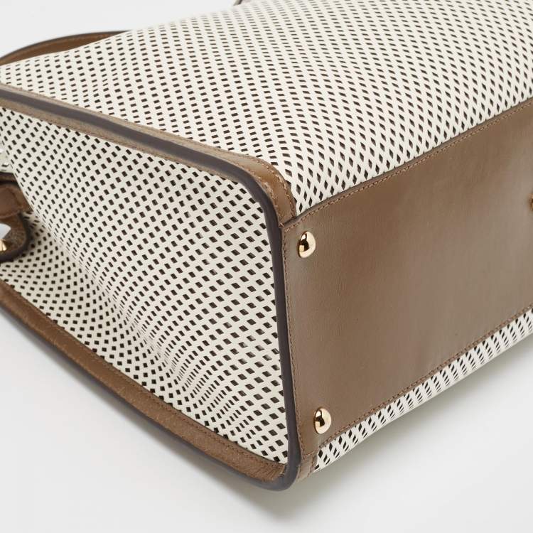 Pre Owned Fendi Khaki/White Perforated Leather Large X Lite Peekaboo Top Handle Bag