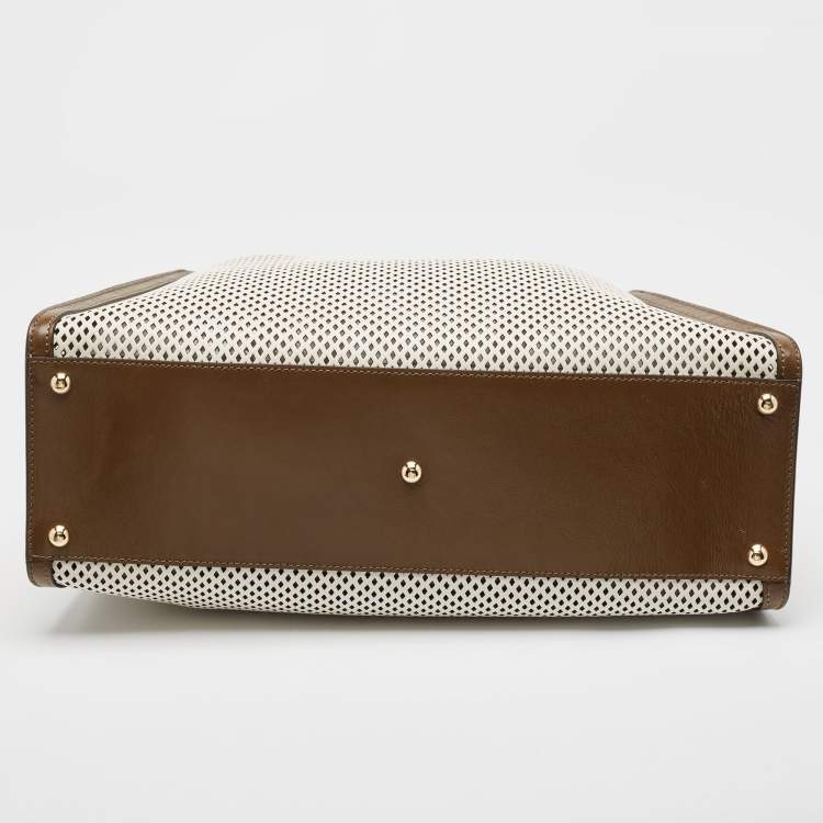 Pre Owned Fendi Khaki/White Perforated Leather Large X Lite Peekaboo Top Handle Bag